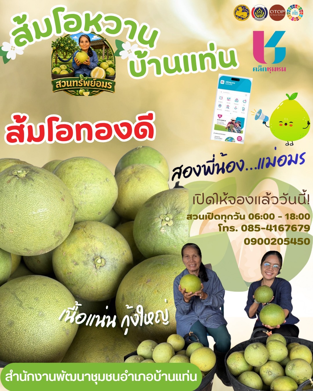 สพอ.บ้านแท่น : ชวนชิมของดีอำเภอข้านแท่น สนับสนุนผลิตภัณฑ์ชุมชนกับ ส้มโอหวานบ้านแท่น" ผ่านแอพพิเคชั่น Click  ชุมชน